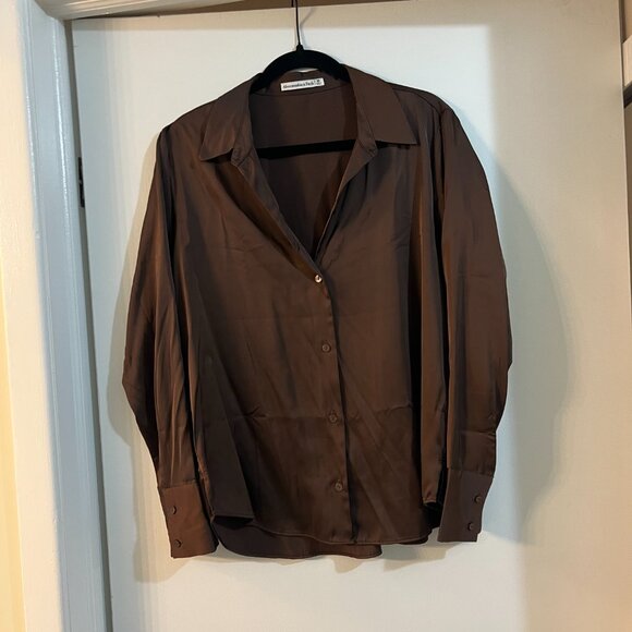 Abercrombie & Fitch Satin Button-Up Shirt, Size M - Brown - Picture 2 of 6